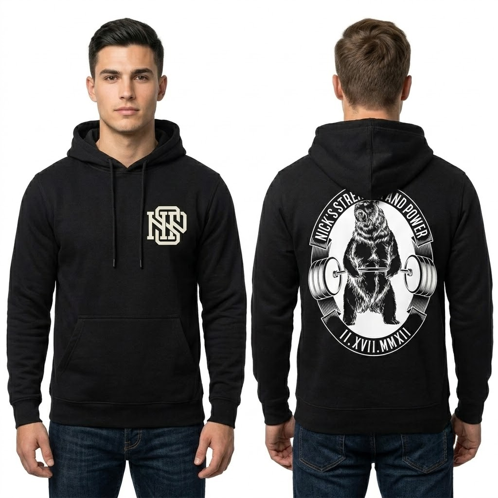 Men's Black Nick's Strength & Power Bear Lifting Logo Graphic Hoodie Pullover
