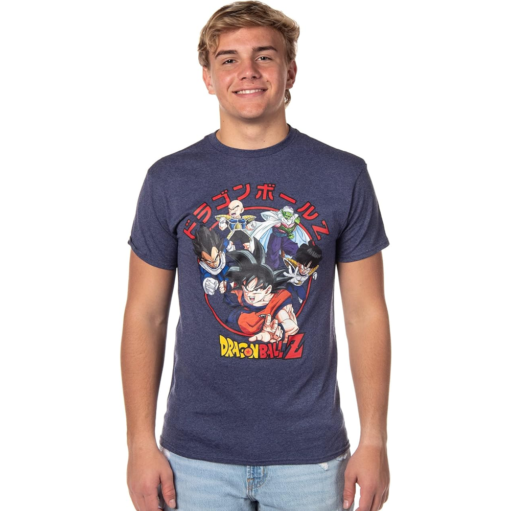 Men's Dragon Ball Z Super Goku, Vegeta, Krillin character group T-shirt by Bioworld showing anime characters on the front.