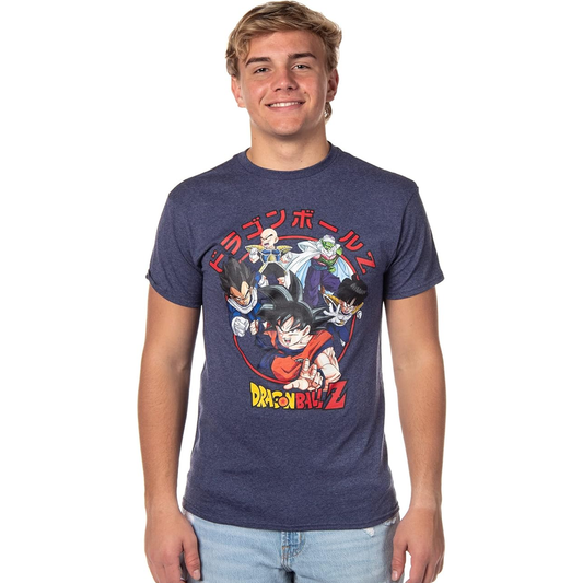 Men's Bioworld Dragon Ball Z T-shirt featuring Goku, Vegeta, and Krillin character group design.