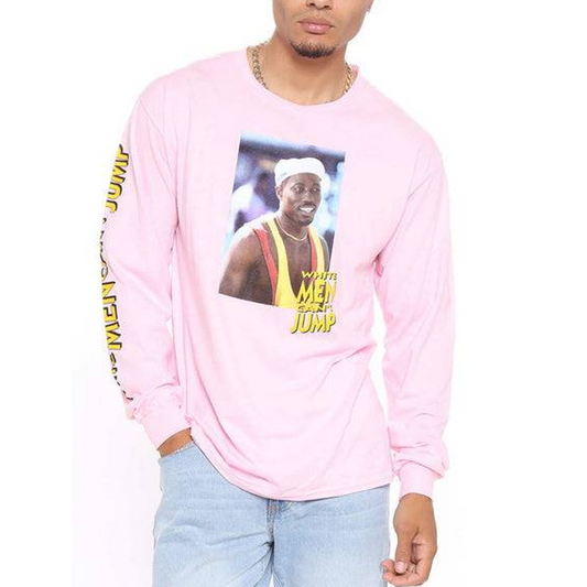 Men's White Cant Jump Long Sleeve Pink Tee T-Shirt
