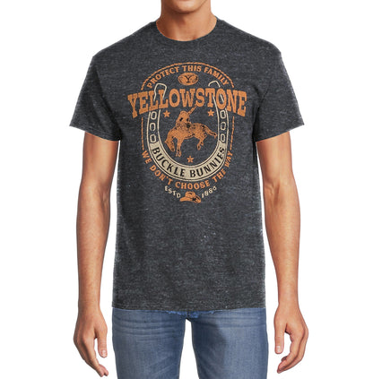 Men's Yellowstone graphic T-shirt from Mad Engine, short-sleeve shirt with Yellowstone protect family design.