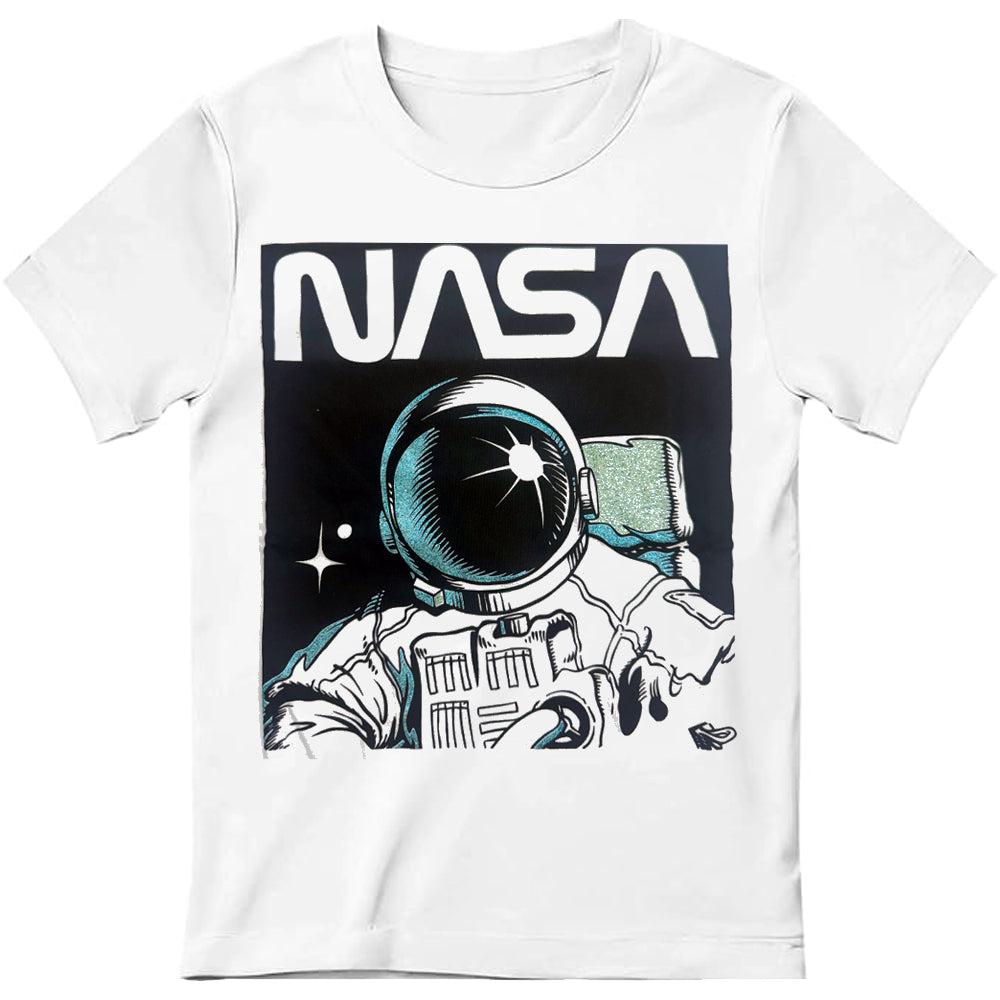 Girls white NASA glitter graphic T-shirt featuring space-themed design and logo, made by Rex Distributor, Inc.
