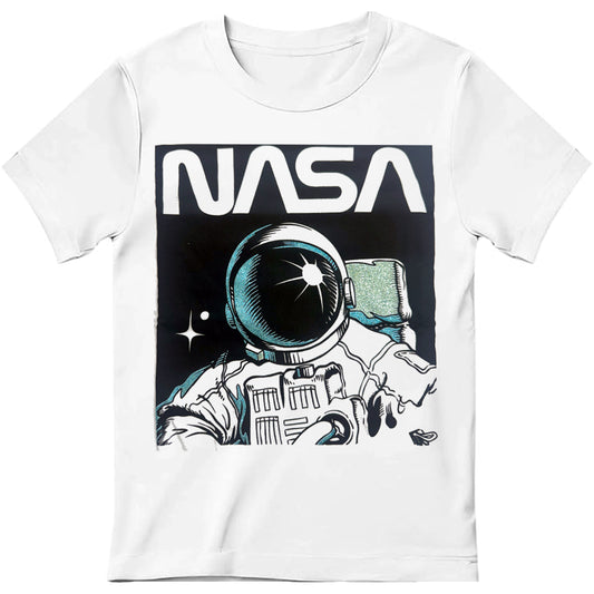 Girls white NASA glitter graphic T-shirt featuring space-themed design and logo, made by Rex Distributor, Inc.