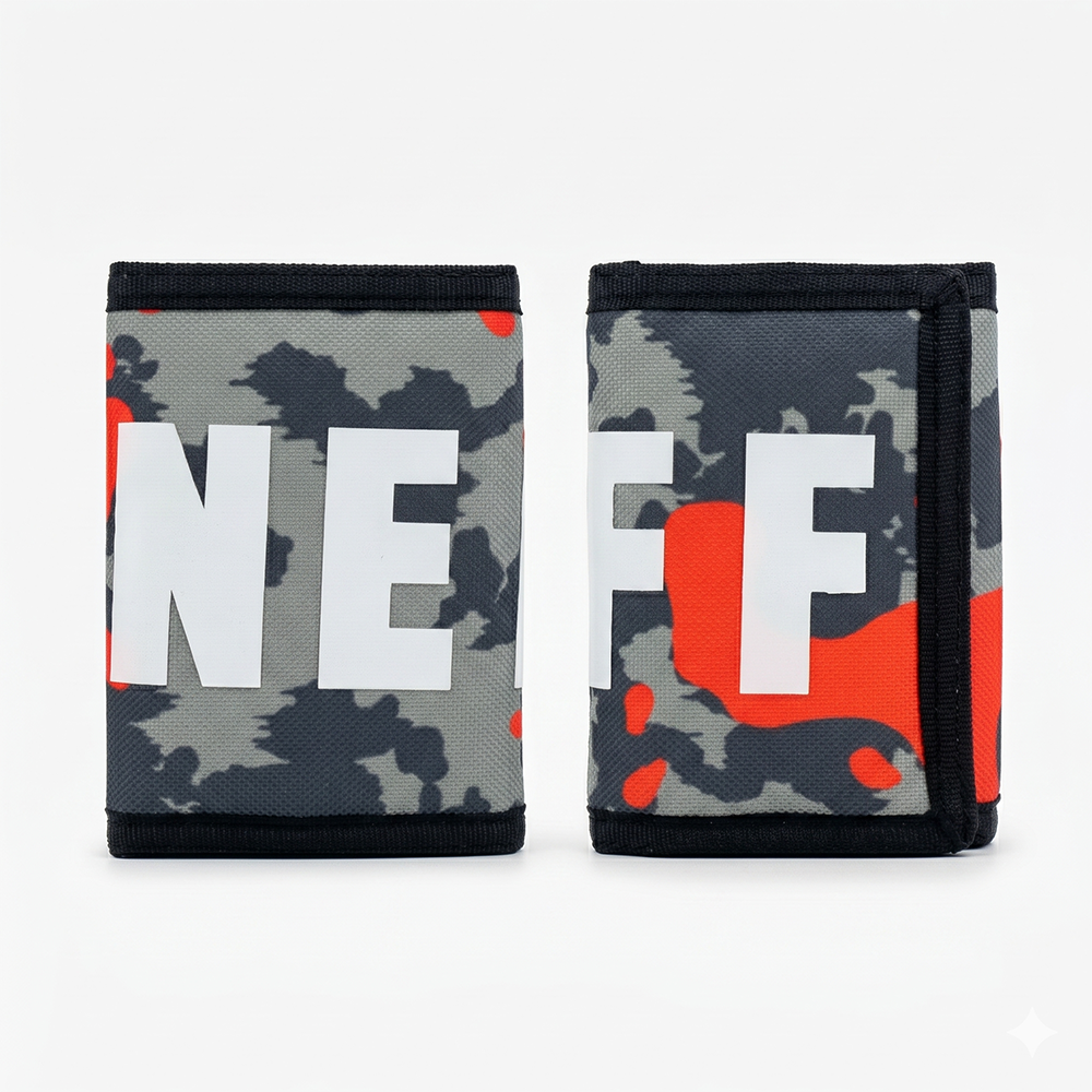 NEFF Orange Camo Bold Print Trifold Wallet Black Hook & Loop