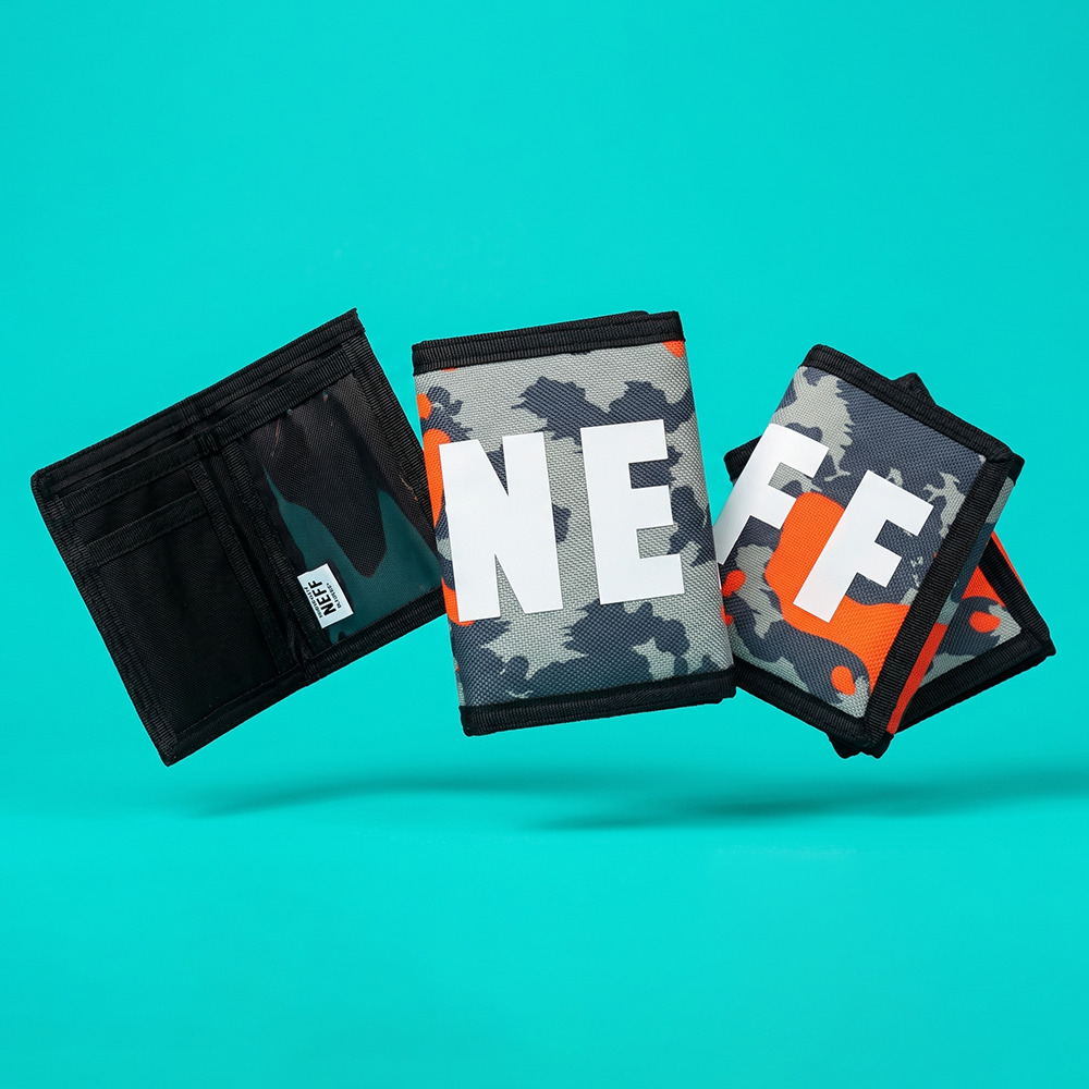 NEFF Orange Camo Bold Print Trifold Wallet Black Hook & Loop
