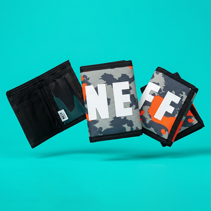 NEFF Orange Camo Bold Print Trifold Wallet Black Hook & Loop