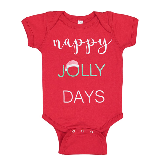 Red baby bodysuit one-piece shirt by Rex Distributor, Inc. featuring a cute nappy Jolly Days design for infants.