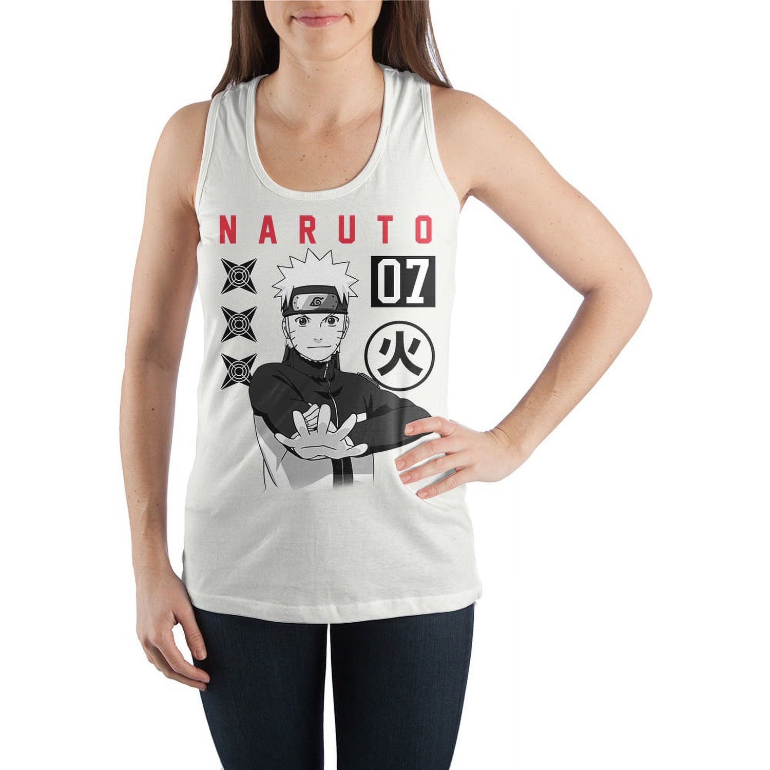 Women’s Naruto Team 7 white graphic tank top for juniors, featuring anime-themed design and casual sleeveless style.