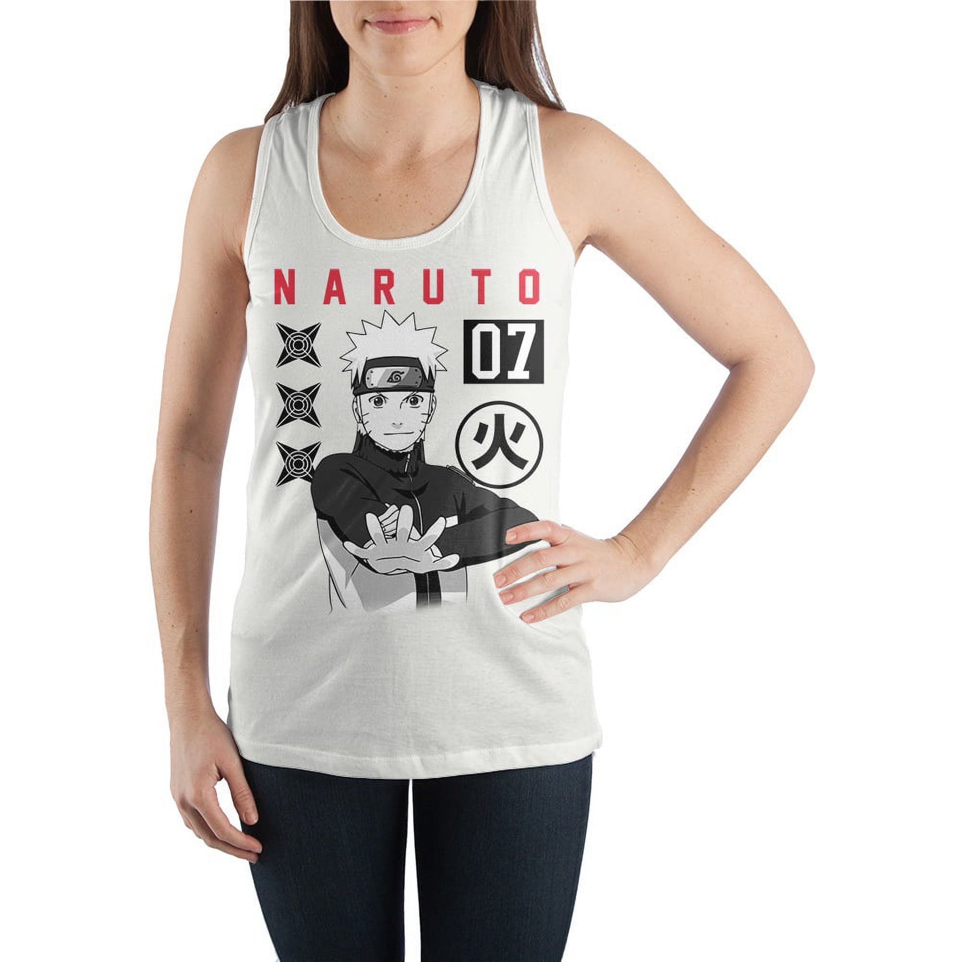 Women's Naruto Team 7 white anime graphic tank top by Bioworld, featuring Naruto characters and design on front.