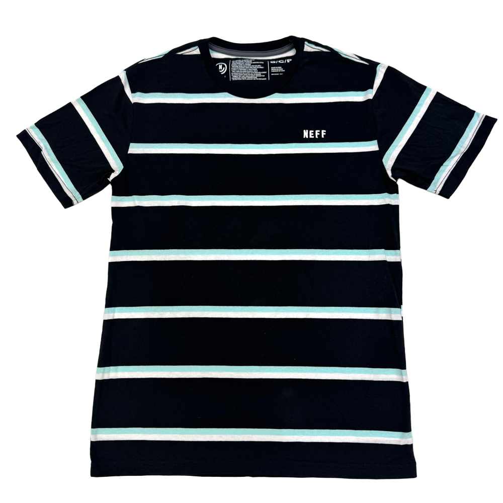 Men's black striped T-shirt by Neff with embroidered logo detail, displayed on a plain background.