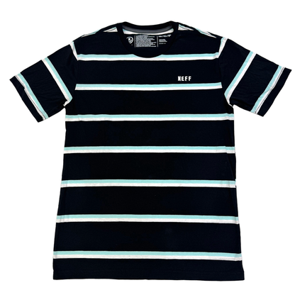 Men's black striped T-shirt by Neff with embroidered logo detail, displayed on a plain background.