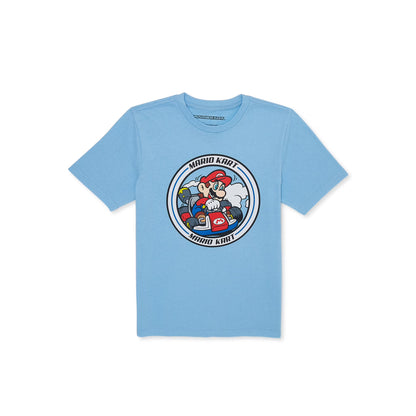 Light blue t-shirt with a 'Mario Kart' graphic on a white background