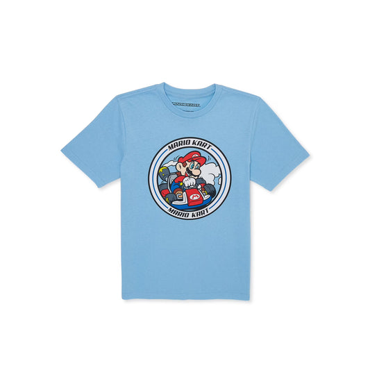 Light blue t-shirt with a 'Mario Kart' graphic on a white background