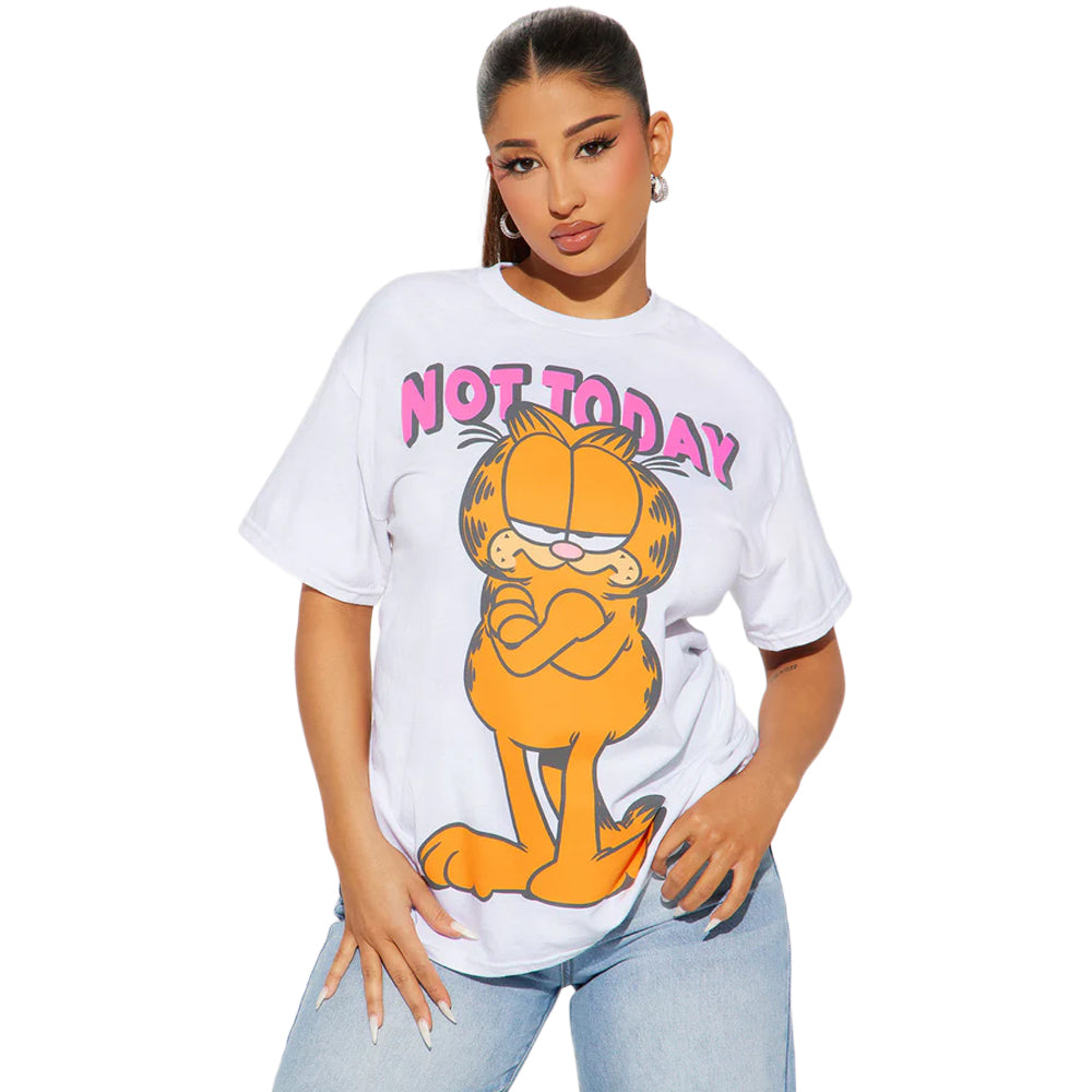 White women's junior Garfield graphic T-shirt featuring the "Not Today" meme, casual shirt from Rex Distributor, Inc.