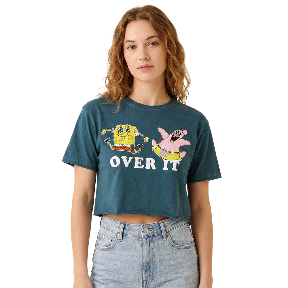 Women's Junior SpongeBob SquarePants crop top tee featuring a playful graphic design by Mad Engine.