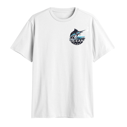 Men's short sleeve fish logo graphic T-shirt featuring a swordfish design in ocean and coast colors by Rex Distributor, Inc.