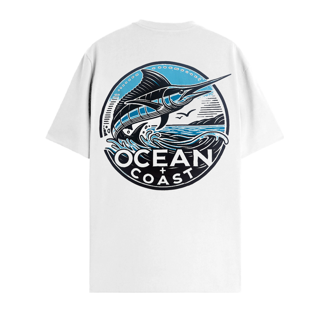 Men's short sleeve graphic T-shirt featuring a swordfish logo, Ocean and Coast design by Rex Distributor, Inc.
