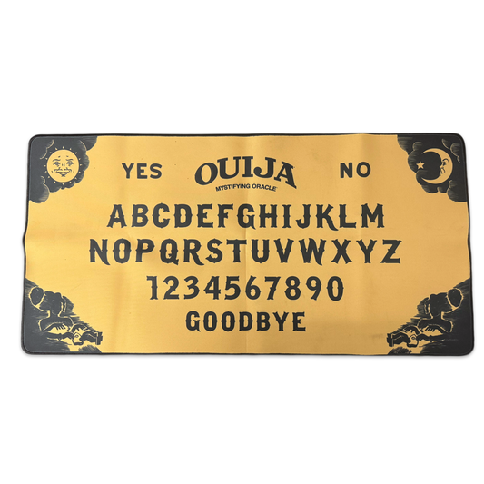 Large Ouija board desk mat by Rex Distributor, Inc. features stitched edges, non-slip rubber backing, and extended surface for mouse use.