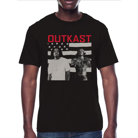 Black t-shirt with 'Outkast' graphic design featuring two individuals and an American flag.