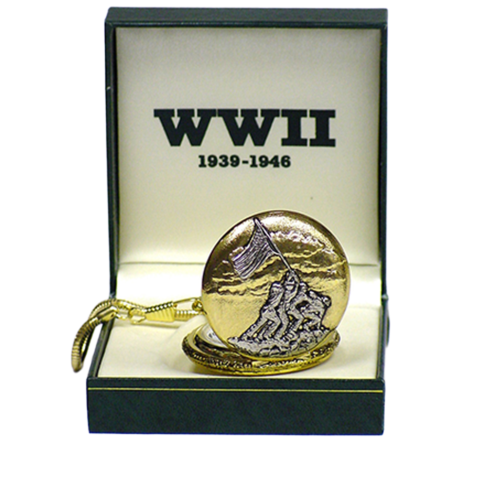 P 164 WWII Iwo Jima Flag Raising Pocket Watch with Gift Box