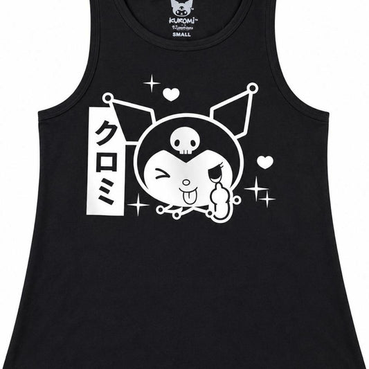 Women junior's black Kuromi Sanrio tank top by Mad Engine with graphic print and sleeveless design, casual style.