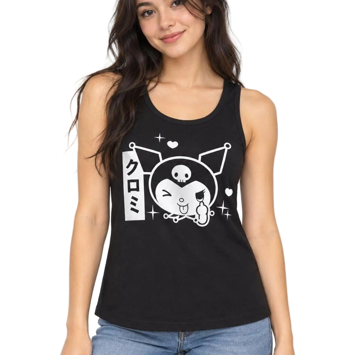 A woman wearing a black sleeveless tank top with a large white Kuromi graphic on the front, paired with blue jeans, against a plain white background.