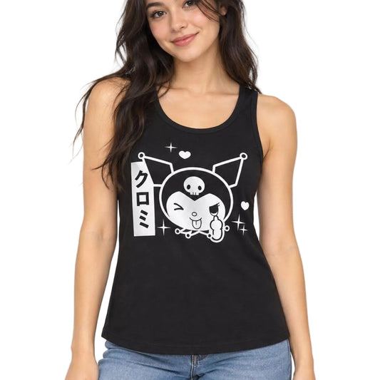 Women’s black Kuromi Sanrio tank top by Mad Engine, featuring a stylish graphic design on the front and comfortable fabric.