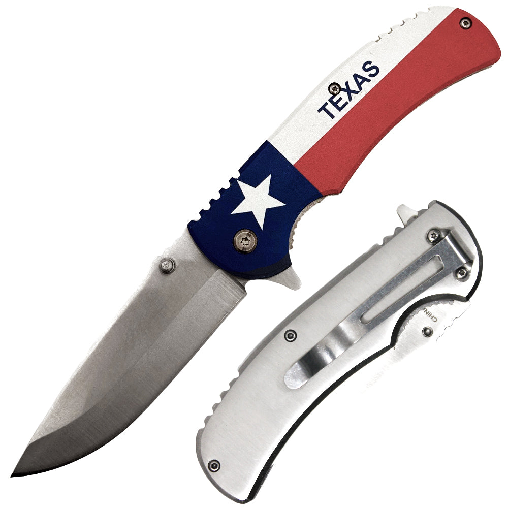 Rex Distributor PK 1536-TX Texas Flag folding knife with 4.5-inch metal handle and assist-open mechanism, displayed open.