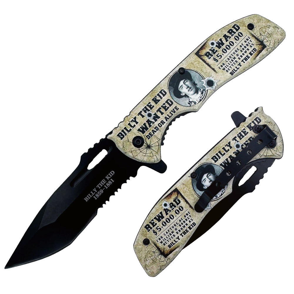 Spring assisted tactical folding knife PK 3200-BK Billy the Kid Legends of the West, black handle, open blade, Rex Distributor, Inc.