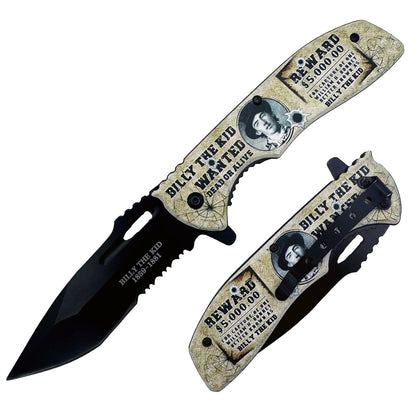 Spring assisted tactical folding knife PK 3200-BK Billy the Kid Legends of the West, black handle, open blade, Rex Distributor, Inc.