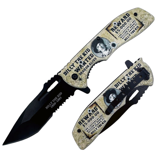 Rex Distributor Billy the Kid Legends of the West spring assisted tactical folding knife with black handle and partially open blade