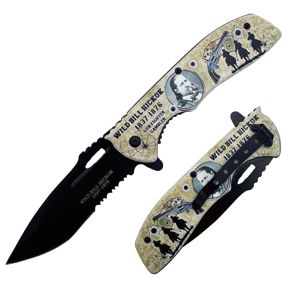 PK 3200-WB Wild Bill Hickok tactical folding knife with assist-open mechanism and 4.5-inch blade, designed for outdoor and tactical use.