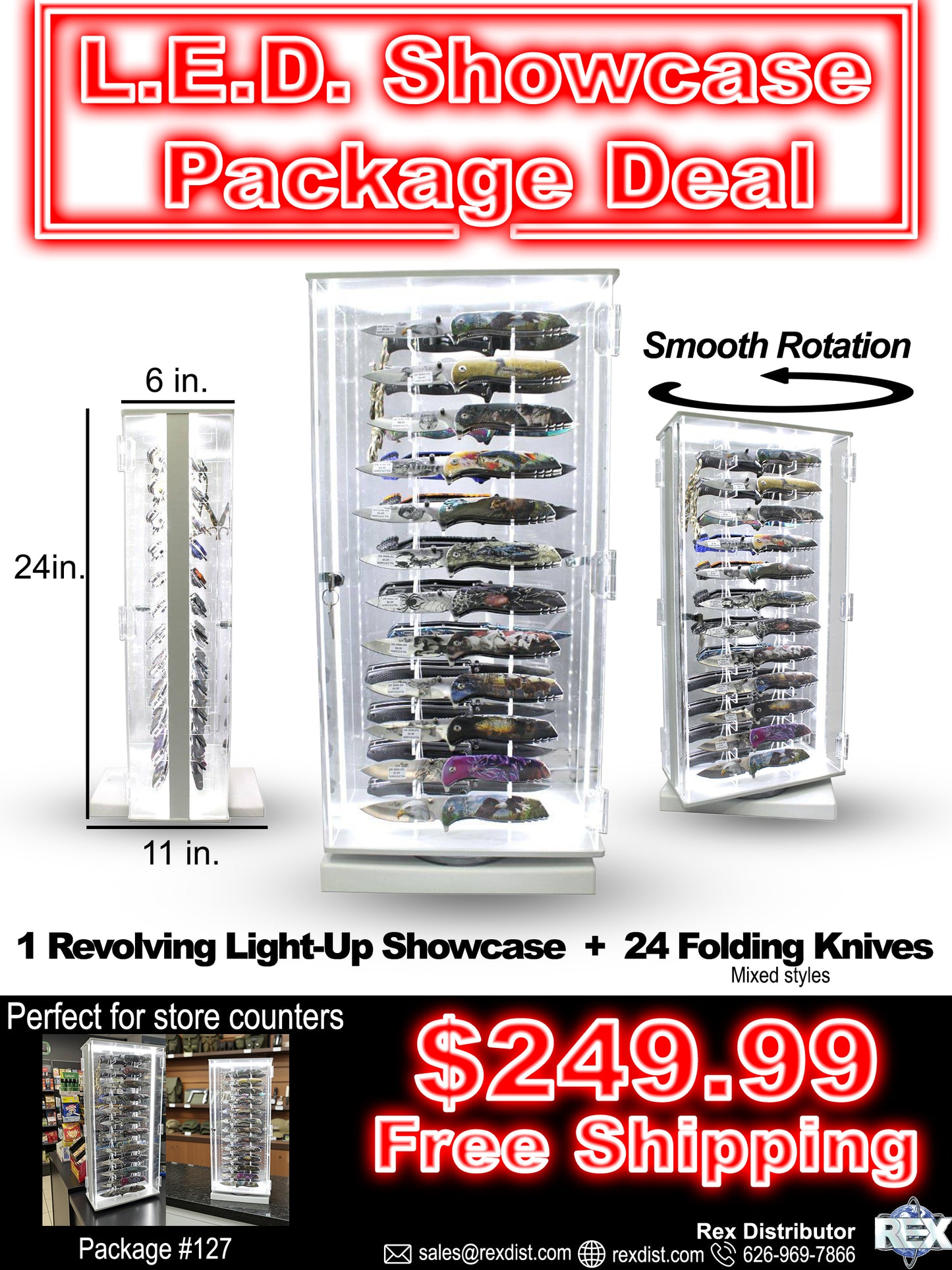 PKG DEAL #127 L.E.D. Light Revolving Showcase & 24 Pocket Knives | Free Shipping