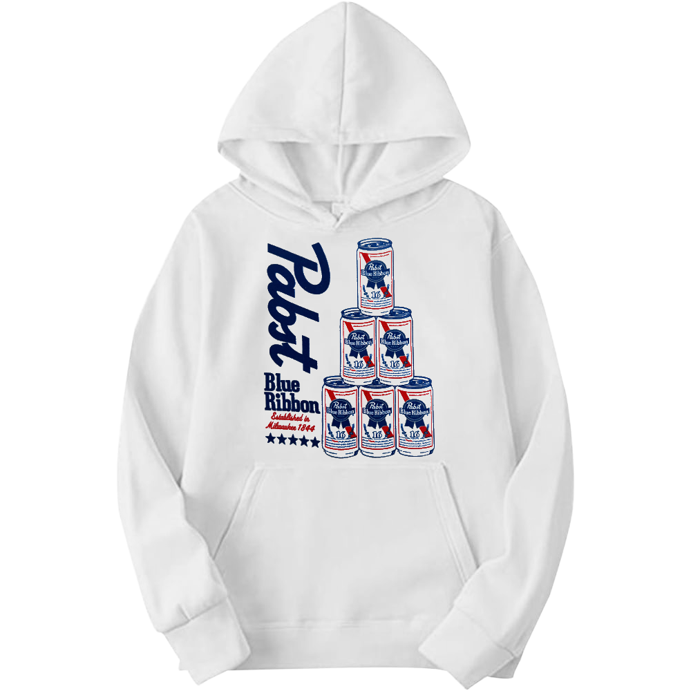 White men's hoodie featuring Pabst Blue Ribbon beer graphic, adult pullover style, from Rex Distributor, Inc.