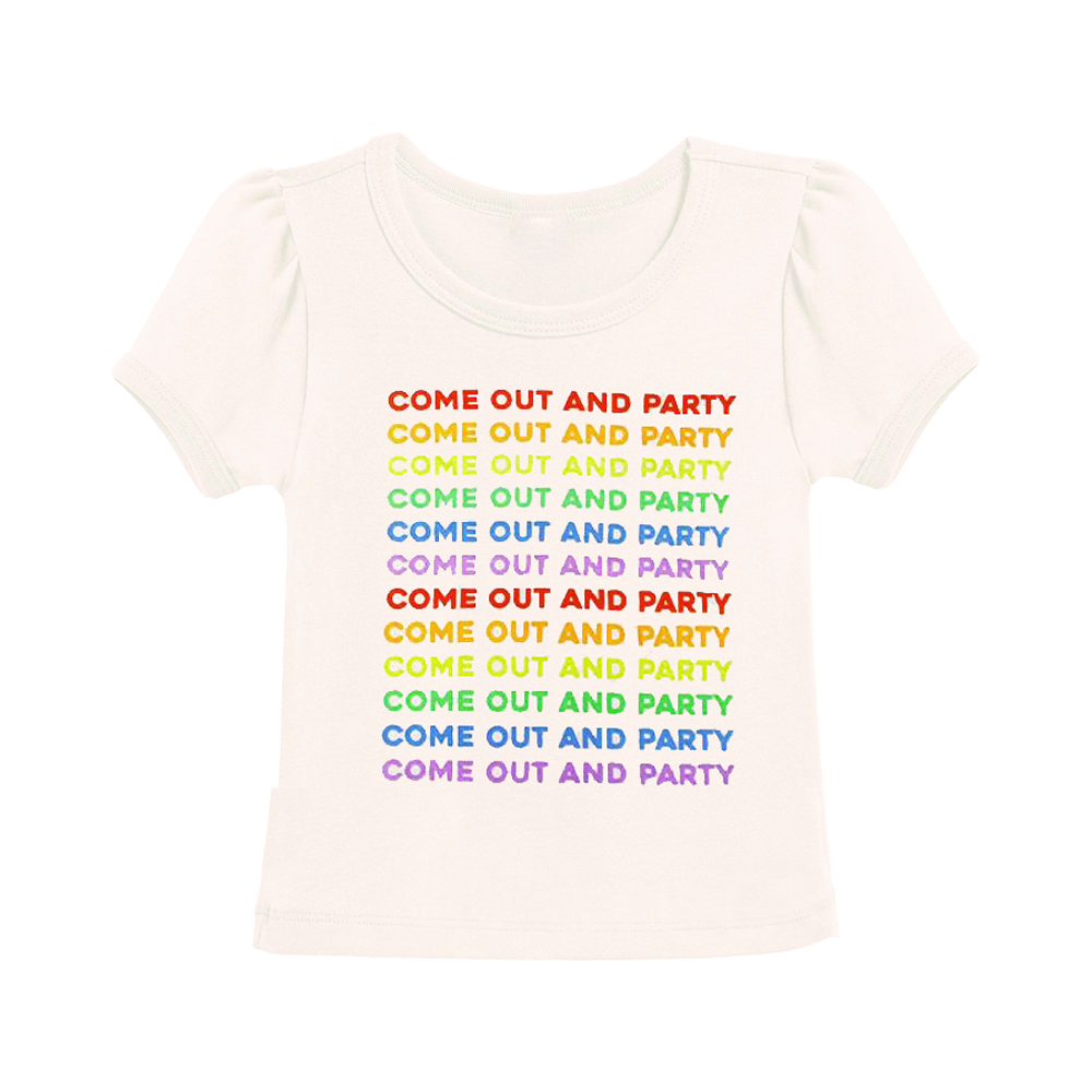 Mighty Fine women's junior's rainbow puff ruffle sleeve T-shirt with colorful party design on white cotton fabric.