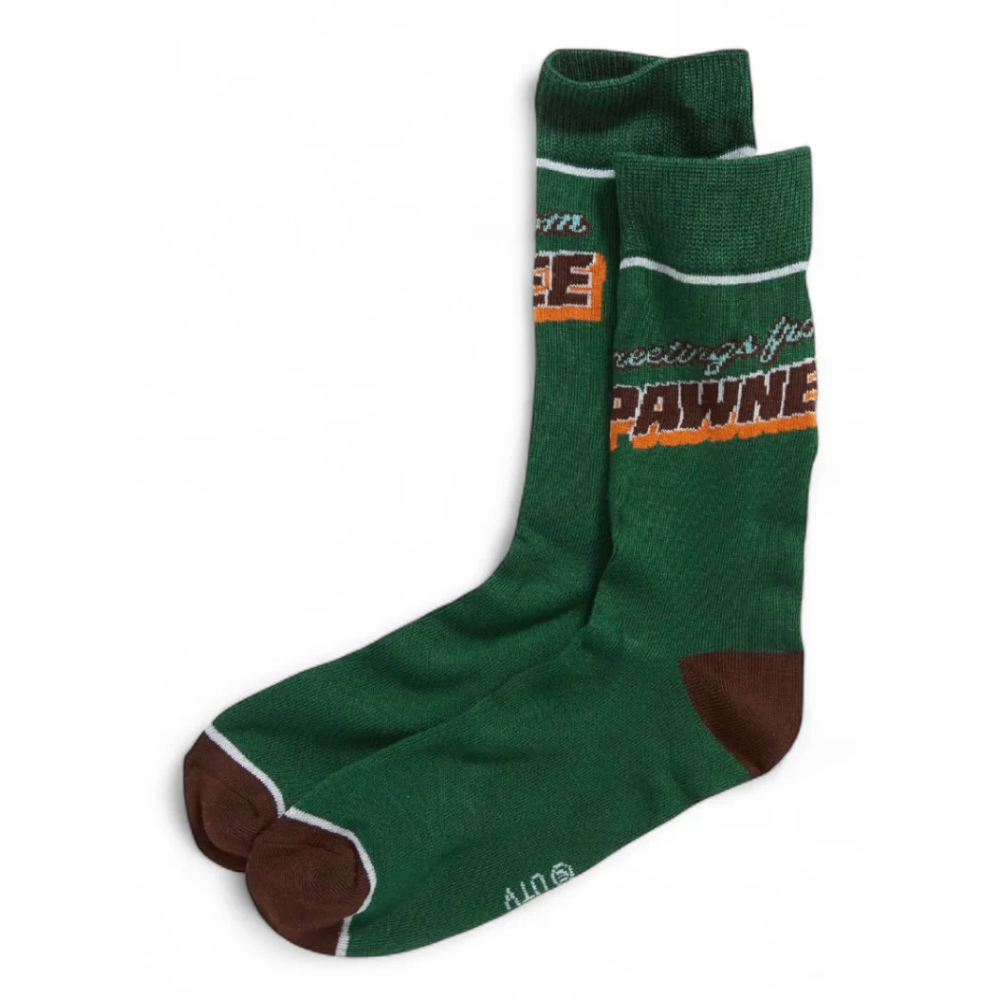 Bioworld Parks & Recreation Greetings from PAWNEE socks in size 8-12, featuring colorful design with Pawnee-themed graphics.