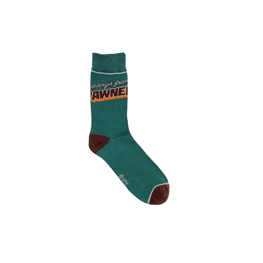 Bioworld Parks & Recreation Greetings from Pawnee socks in size 8-12, featuring colorful Pawnee-themed design and logo on comfortable socks.