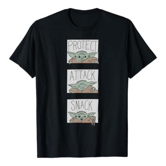 Men's Star Wars The Mandalorian The Child Protect Attack Snack T-Shirt