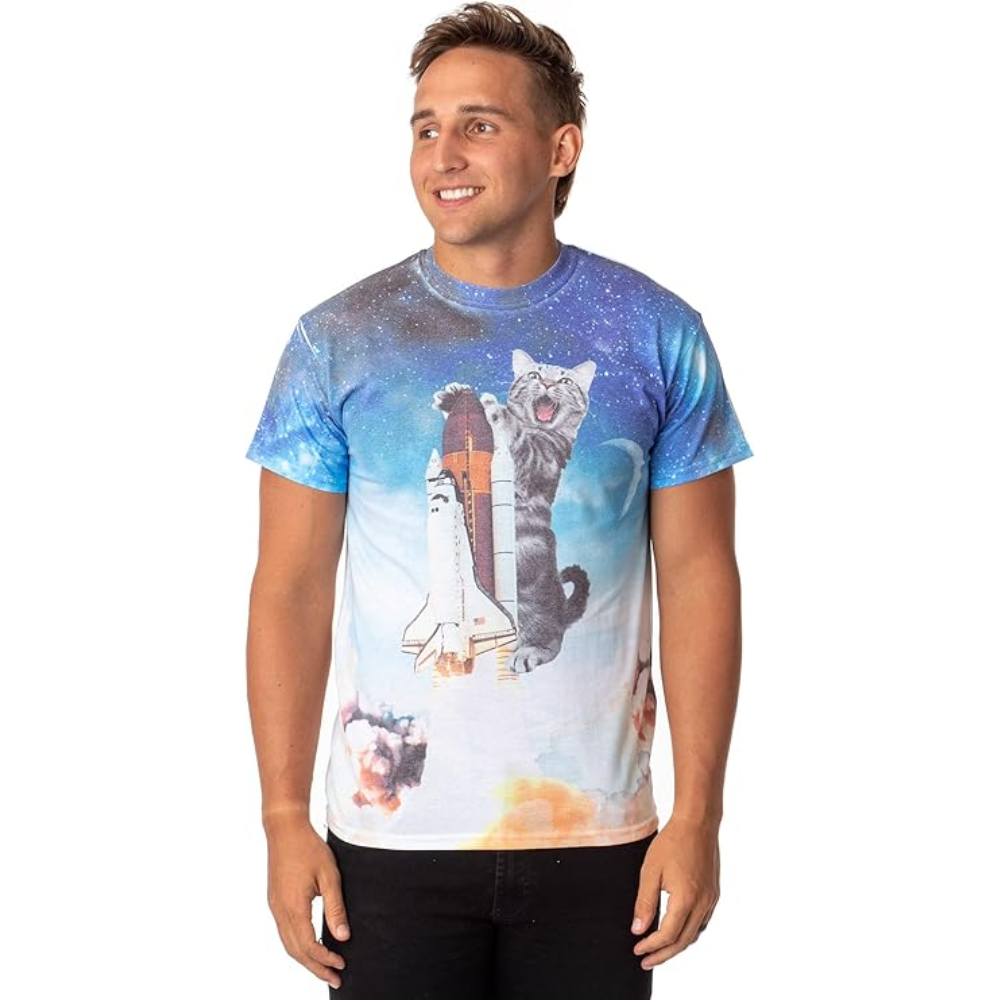 Mad Engine Space Kitty men's T-shirt featuring a colorful cat astronaut and space shuttle design on sublimated fabric.