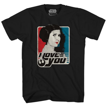 Men's Star Wars Leia I Love You graphic T-shirt by Mad Engine, featuring a colorful design with Star Wars theme on soft cotton fabric.