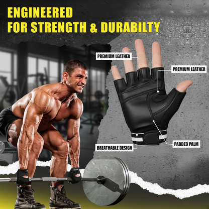 REX 309-BK Premium Black Weight Lifting Gloves – Leather Padded Training Gloves for Men & Women | Comfort Fit | Sizes S–3XL