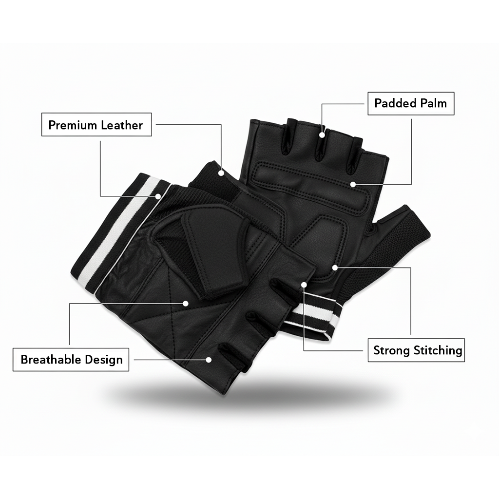 REX 309-BK Premium Black Weight Lifting Gloves – Leather Padded Training Gloves for Men & Women | Comfort Fit | Sizes S–3XL