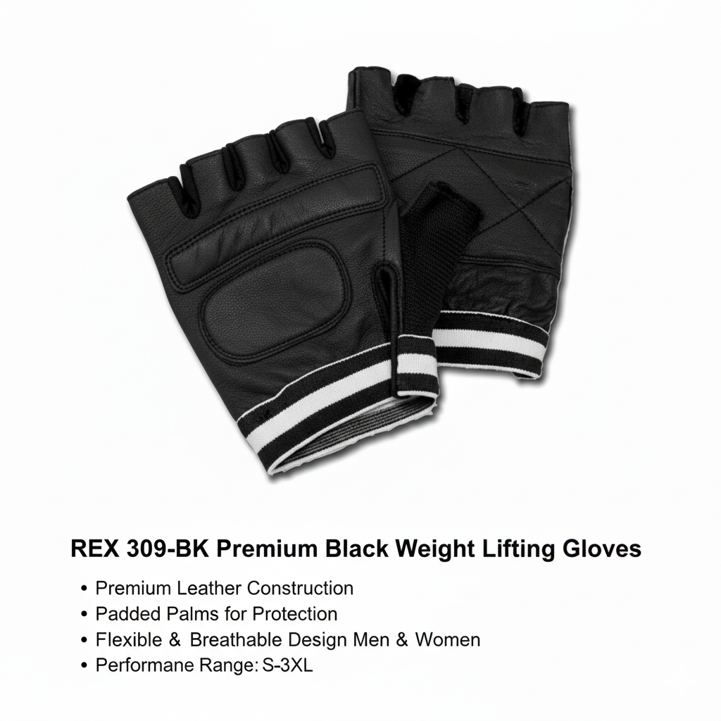 REX 309-BK Premium Black Weight Lifting Gloves – Leather Padded Training Gloves for Men & Women | Comfort Fit | Sizes S–3XL