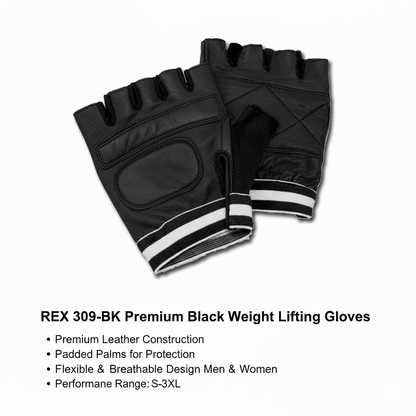 REX 309-BK Premium Black Weight Lifting Gloves – Leather Padded Training Gloves for Men & Women | Comfort Fit | Sizes S–3XL