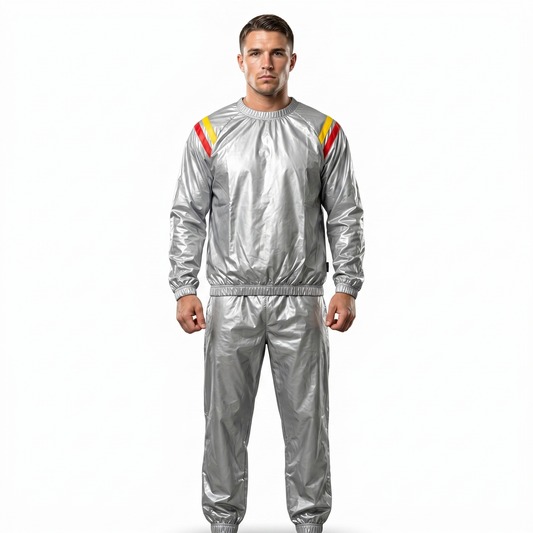 Unisex REX 357 sauna suit for weight loss and detox workouts, full body fitness sweat suit, black and silver fabric.