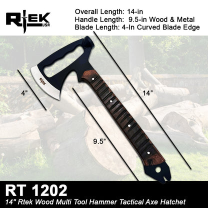 RT 1202 14" Rtek Wood Multi Tool Hammer Tactical Axe Hatchet with Leather Sheath