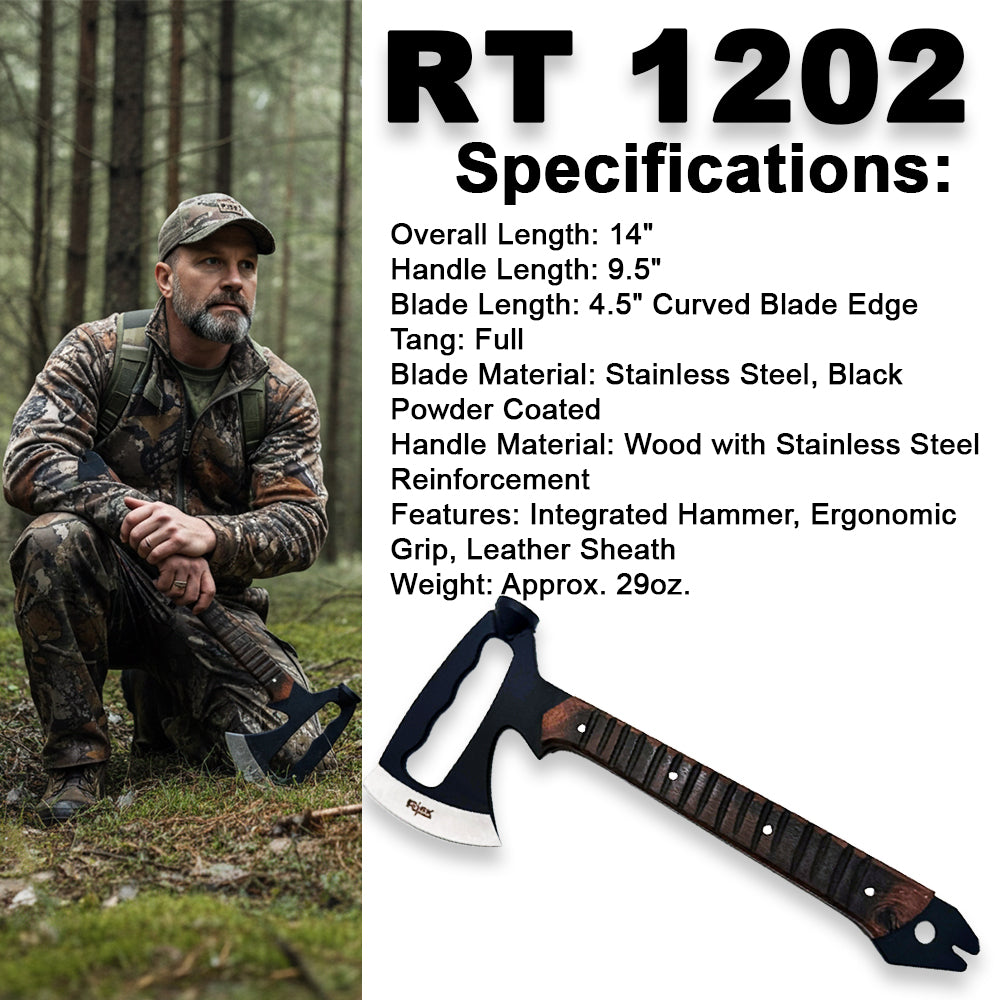 RT 1202 14" Rtek Wood Multi Tool Hammer Tactical Axe Hatchet with Leather Sheath