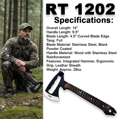 RT 1202 14" Rtek Wood Multi Tool Hammer Tactical Axe Hatchet with Leather Sheath