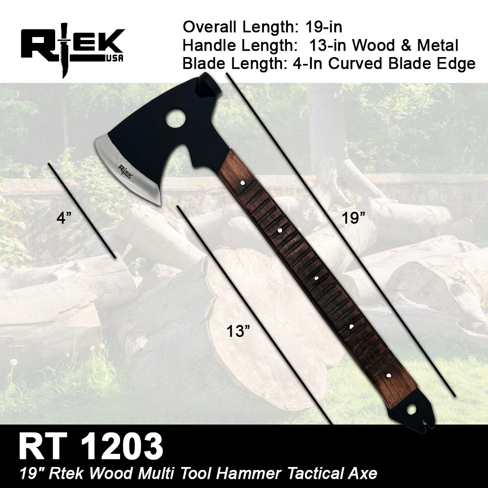 RT 1203 19" Rtek Wood Multi Tool Hammer Tactical Axe Hatchet with Leather Sheath