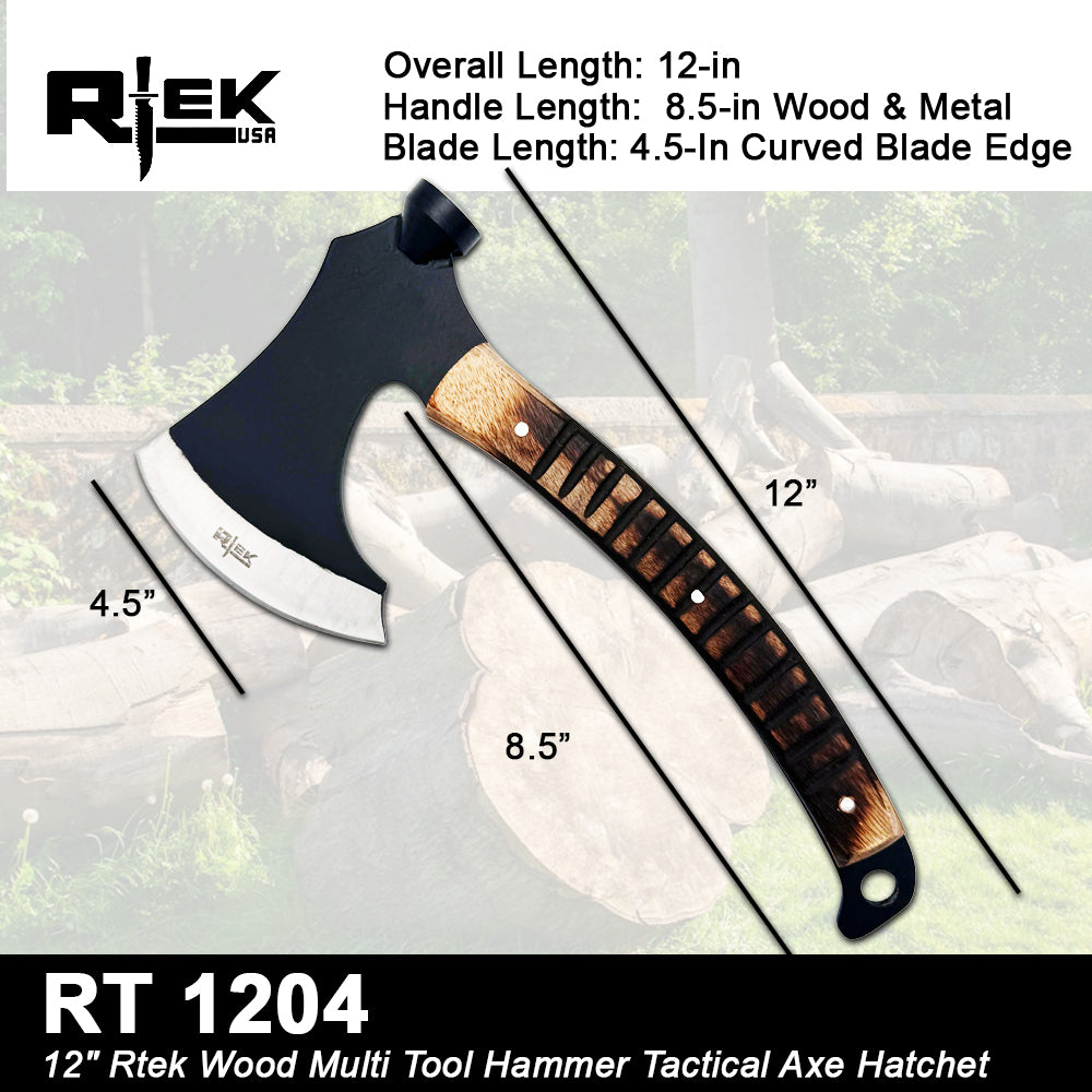 RT 1204 12" Rtek Wood Multi Tool Hammer Tactical Axe Hatchet with Leather Sheath